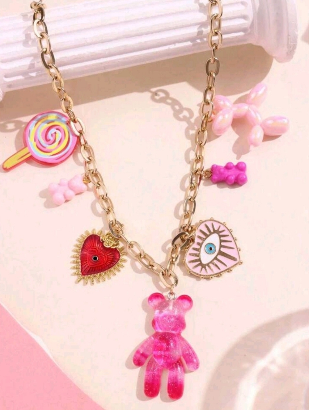 Gold Chain Charm Necklace with Pink Gummy Bear & Colorful Heart Charms